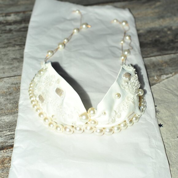 Satin Soft Fabric Embellished Fa White Pearl Beads Hair Band CoverUp Hair Scarf main image 12
